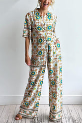 Weekend Adventures Unique Mosaic Print Button Up Shirt and Elastic Waist Pants Set